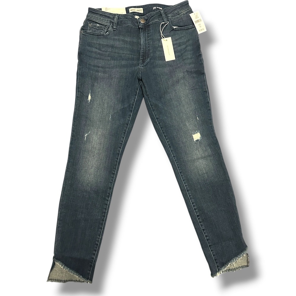 NEW Warp + Weft JFK Skinny Jeans Distressed Raw Asymmetrical Hem Dark Wash 12
